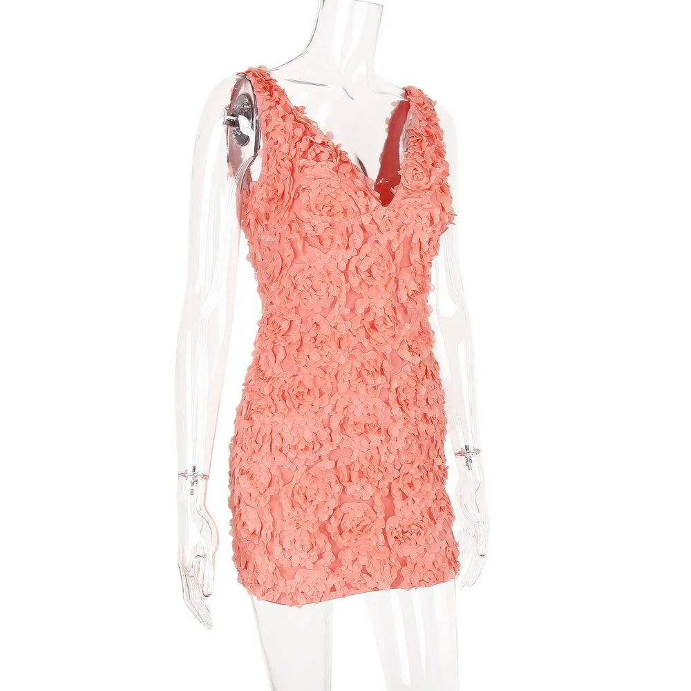 Peach Flowers Textured Charming V-Neck Mini Dress