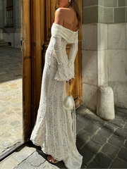 Sexy Hollow Out Lace Maxi Dress Female Backless See-Through Slim Lace-Up Bandeau Dress Women's White Luxury Long Dress New