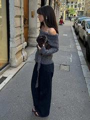 Vintage Off Shoulder Sweater With Belt Women Elegant Knitted Solid Thick Long Sleeve Sweaters Female Winter Chic Street Knitwear