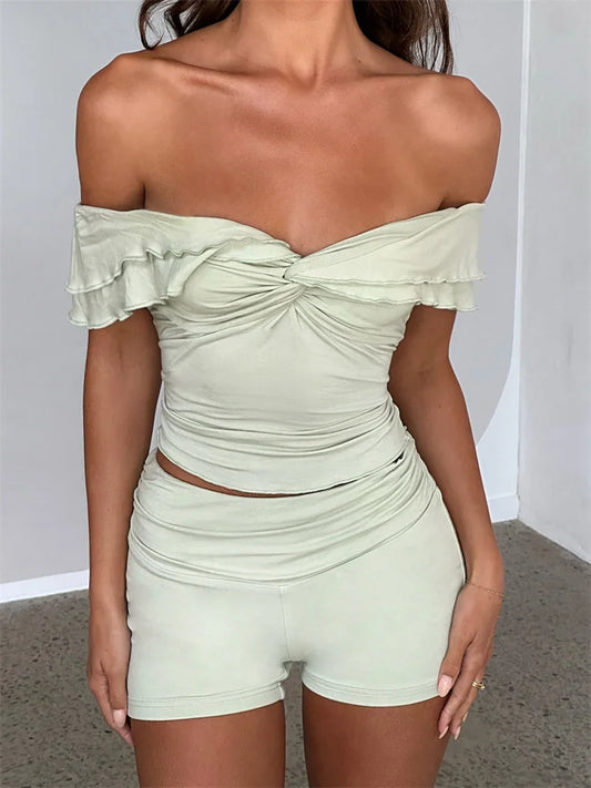 JuliaFashion - Off Shoulder Knotted Ruched T-shirts Crop Tops Skinny Shorts Suits