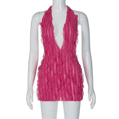 Pink Ruffles Deep Charming V-Neck Mini Dress