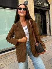 Turn Down Collar Brown Autumn Jacket for Women Casual Single Breasted Long Coat Jacket Female Winter Jacket Back Slit