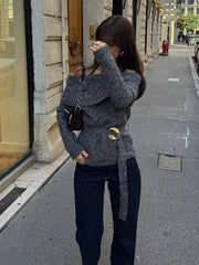 Vintage Off Shoulder Sweater With Belt Women Elegant Knitted Solid Thick Long Sleeve Sweaters Female Winter Chic Street Knitwear