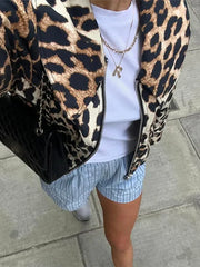 Women Casual Leopard Print Bomber Jacket Elegant Lapel Long Sleeves Zipper Pockets Loose Coat Autumn Lady High Streetwewar