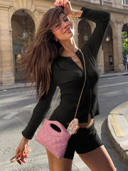 Leisure Stretch 2-Piece Set Women Single-Breasted Long Sleeves o-Neck Blouse+Basis Shorts Simple Classic Street Suits