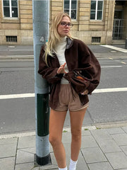 Fashion Lady Lapel Collar Pocket Woolen Short Coats Vintage Long Sleeve Solid Loose Women's Jackets Warm Winter Streetwear