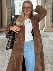 Fashion Solid With Belt Suede Long Jacket 2024 Women Chic Button Lapel Oversize Loose Overcoat Autumn Female High Street Coat