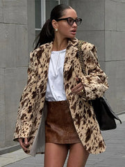 Vintage Leopard Print Woman Blazer Jacket Fashion Lapel Single Breasted Pockets Long Sleeve Coat Lady Fall Office Outerwear