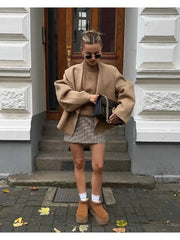 Women V-neck Khaki Thicken Wool Jacket Autumn Winter Chic Loose Blend Coat Female Streetwear Warm Outfit Coats for Women