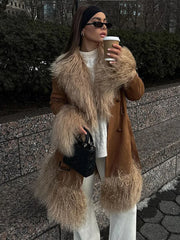 Suede And Fur Luxury Coat Women Plush Double Breasted Chic Turn-down Collar Belts Thick Outerwear Vintage Warm Feather Overcoat