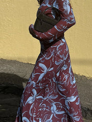 Retro Printed O-neck Holiday Dress Women Elegant Full Sleeve Waist-cinching Long Dresses Female 2025 Summer Chic Street Vestidos