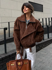 Fashion Brown Maillard Lapel Suede Leather Jackets For Women Casual Long Sleeve Zipper Pockets Coats Lady High Streetwear