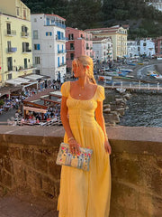 Summer Vacation Elegant Backless Square Neck Long Dress Sexy Lace Up High Waist Slim Dresses Lady Holiday Beachwear