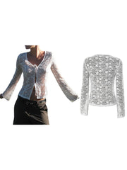 Elegant Lace Trimmed V-Neck Blouse with Tie Front Detail and Long Sleeves - Stylish Women s Shirt for Chic Street Style
