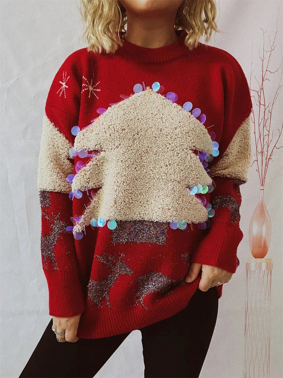 Handmade Sequins Christmas Tree Little Deer Jacquard Thickened Crew Neck Sweater Sweaters-L