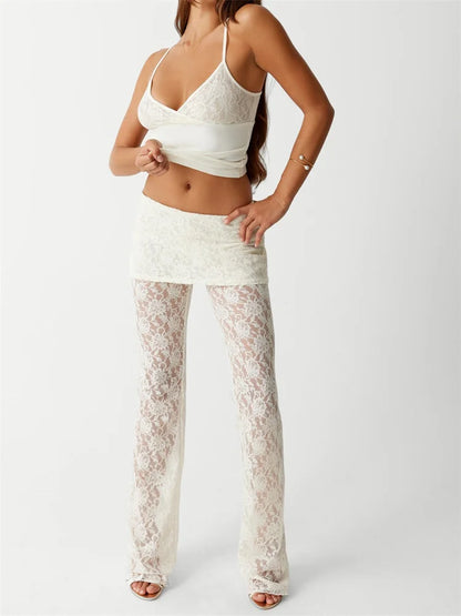 JuliaFashion - Sexy Lace Ruched Sleeveless V Neck Camis Tops Flared Pants Suits