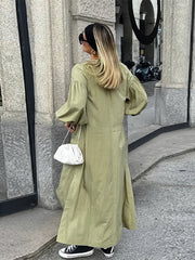 Casual Street Lace Up Long Dresses Women New Chic Loose V-neck Side Slit Solid Dress Female Summer Versatiel Street Party Robes