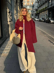 Causal Burgundy Women Autumn Full Sleeve Woolen Coat With Scarf Fashion Solid Single Breasted Jacket Female New Chic Office Wear