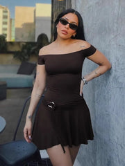 European And American Style Sexy Off The Shoulder Dress, Women'S Summer Elastic One Line Neck Slim Fitting Lace Up Pleated Skirt