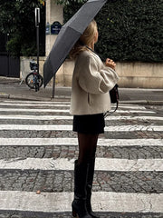 Chic One Button O-neck Woolen Coats For Women Fashion Long Sleeve Cropped Oversized Jackets Lady High Street Outerwear New