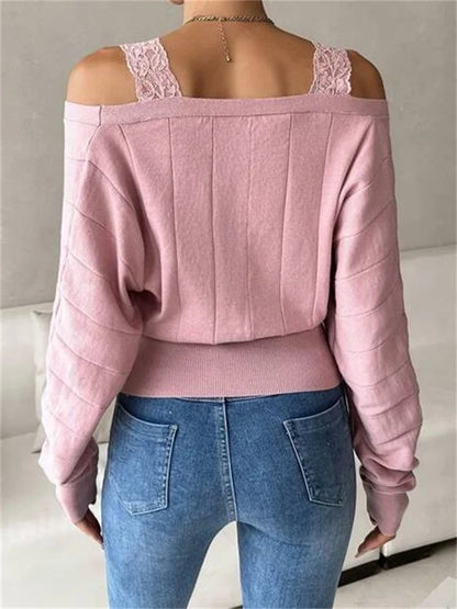 JuliaFashion - Lace Patchwork Off Shoulder Long Sleeve V Neck Solid Color Knitted Pullovers Loose Sweater