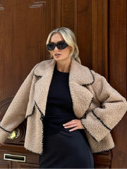 Women Contrasting One Button Lamb Woolen Coat Fashion Lapel Long Sleeves Short Plush Jacket Autumn Casual Lady Street Outwear