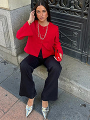 Elegant Slim Fit Women's Jacket Round Neck Single Breasted Long Sleeve Short Jackets Fashion Solid Color Casual Coat Outerwears