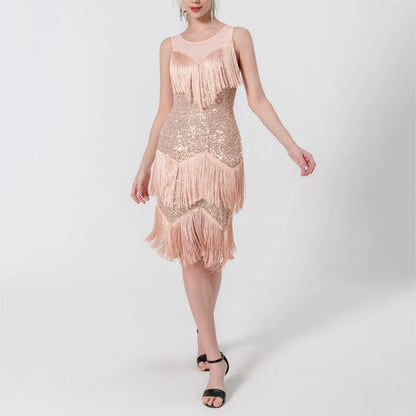 JuliaFashion - Sequins Fringe Sexy Latin Dance 1920s Gatsby Cocktail Salsa Tango Cha Cha Rumba Stage Performance Costume Dress