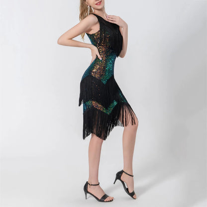 JuliaFashion - Sequins Fringe Sexy Latin Dance 1920s Gatsby Cocktail Salsa Tango Cha Cha Rumba Stage Performance Costume Dress