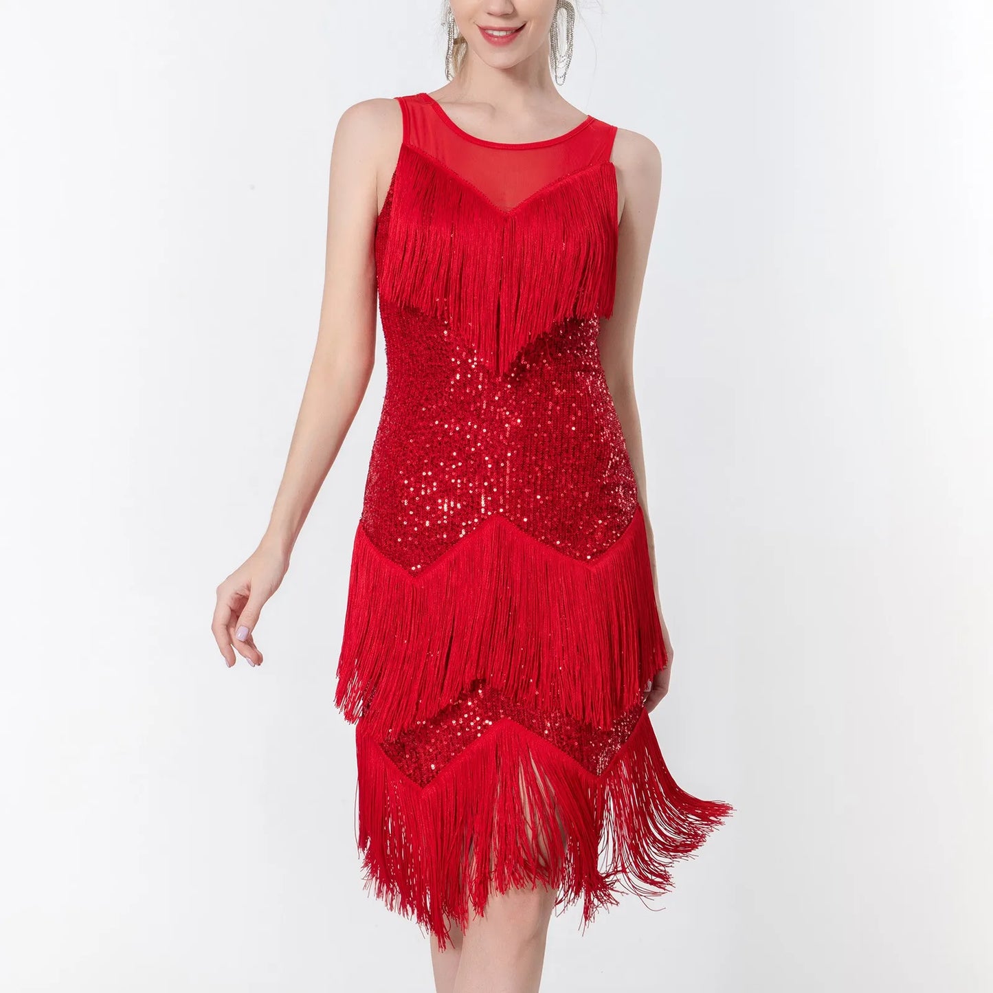 JuliaFashion - Sequins Fringe Sexy Latin Dance 1920s Gatsby Cocktail Salsa Tango Cha Cha Rumba Stage Performance Costume Dress