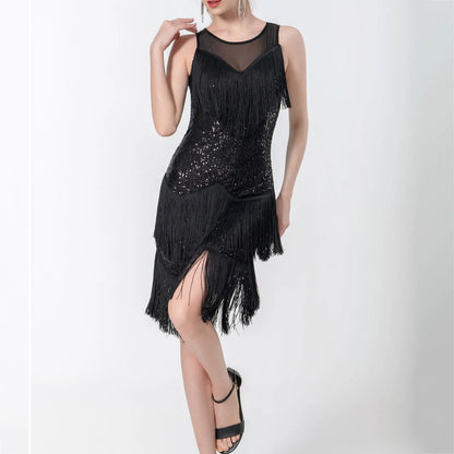 JuliaFashion - Sequins Fringe Sexy Latin Dance 1920s Gatsby Cocktail Salsa Tango Cha Cha Rumba Stage Performance Costume Dress