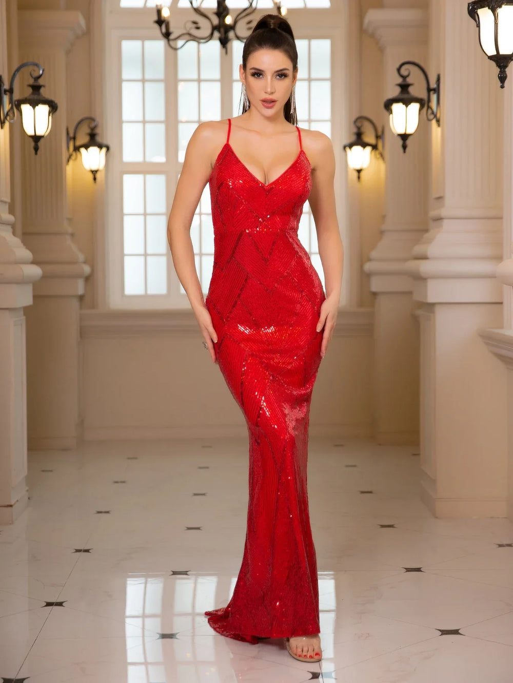 Backless Padded Sequin Party Dress Red / S Partydress-241208