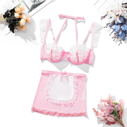 JuliaFashion - Lolita Mini Skirt with Choker Bra Uniform Set Women Body Lingeries
