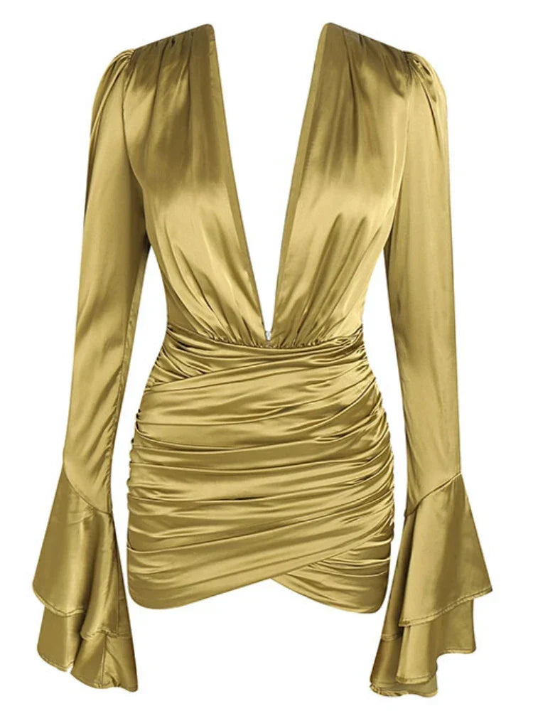 Sexy Deep V Neck Flare Sleeve Pleats Mini Backless Christmas Party Dress Yellow / S Dresses-L