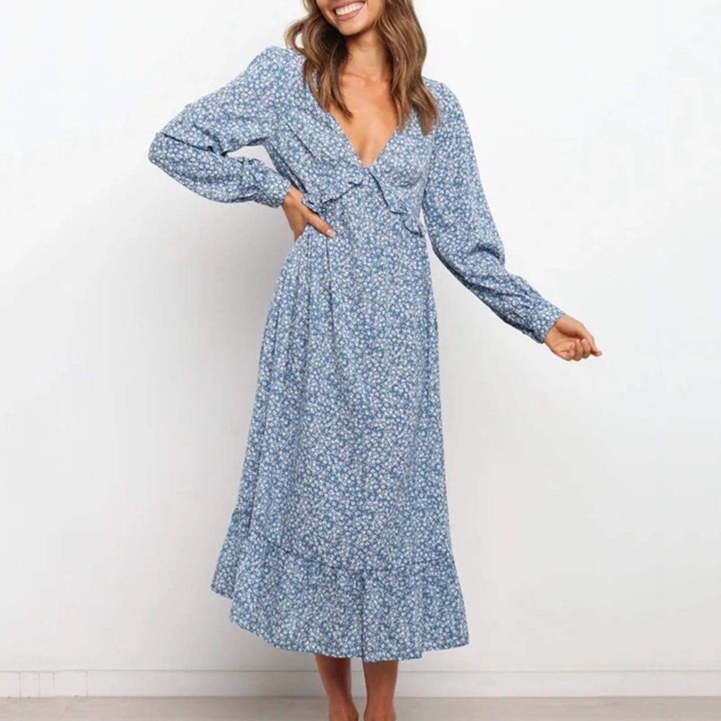 JuliaFashion - Sexy Deep V-Neck Floral Printed Long Sleeve Women's Ruffles High Elastic Waist Women Plus Size Summer Dress