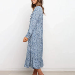 JuliaFashion - Sexy Deep V-Neck Floral Printed Long Sleeve Women's Ruffles High Elastic Waist Women Plus Size Summer Dress