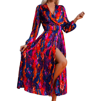 JuliaFashion - Sexy Deep V Neck Print Sashes Women Elegant Long Sleeve Slim Party 2024 Spring Autumn High Slit Vestidos Dress