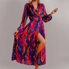 JuliaFashion - Sexy Deep V Neck Print Sashes Women Elegant Long Sleeve Slim Party 2024 Spring Autumn High Slit Vestidos Dress
