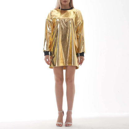 JuliaFashion - Sexy Fashion PU Long Sleeve Color Matching 2024 Spring Summer For Women Casual Loose Baggy Mini Short Dress