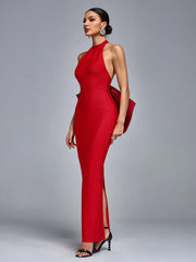 Sexy Halter Neck Backless Bow Design Red Sleeveless Bodycon Christmas Party Dress Dresses-L