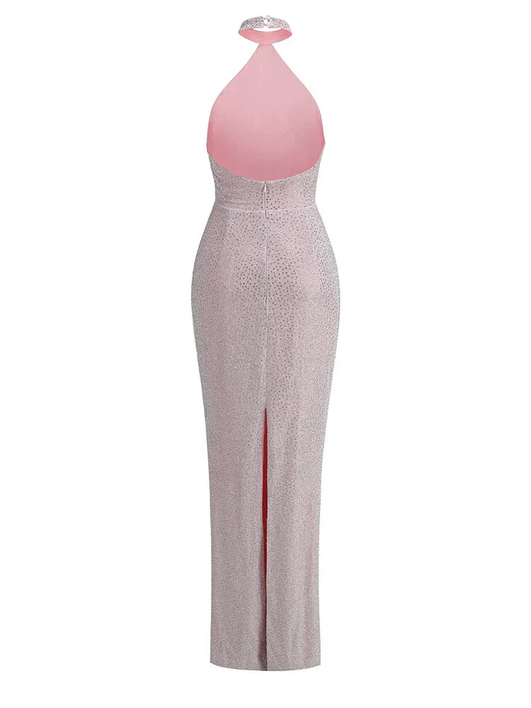 Sexy Halter Neck Shiny Diamonds Bow Maxi Dress Backless Christmas Party Dresses-L