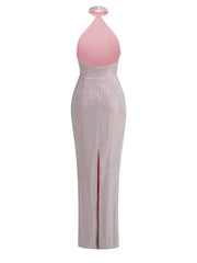 Sexy Halter Neck Shiny Diamonds Bow Maxi Dress Backless Christmas Party Dresses-L