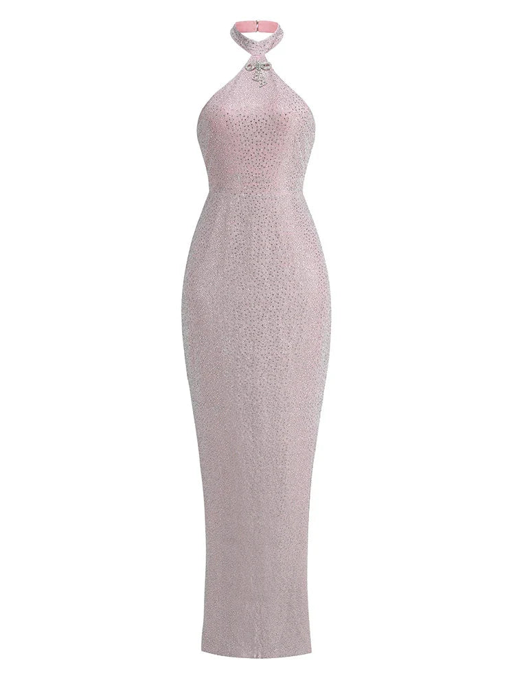 Sexy Halter Neck Shiny Diamonds Bow Maxi Dress Backless Christmas Party Pink / Xs Dresses-L