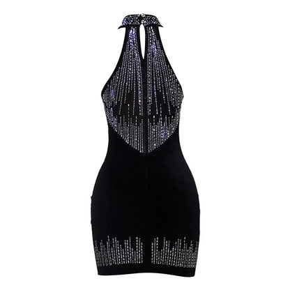 JuliaFashion - Sexy Mesh Splicing Velvet Sleeveless High Neck Hip Wrap Nightclub Cocktail Summer Halter Dress