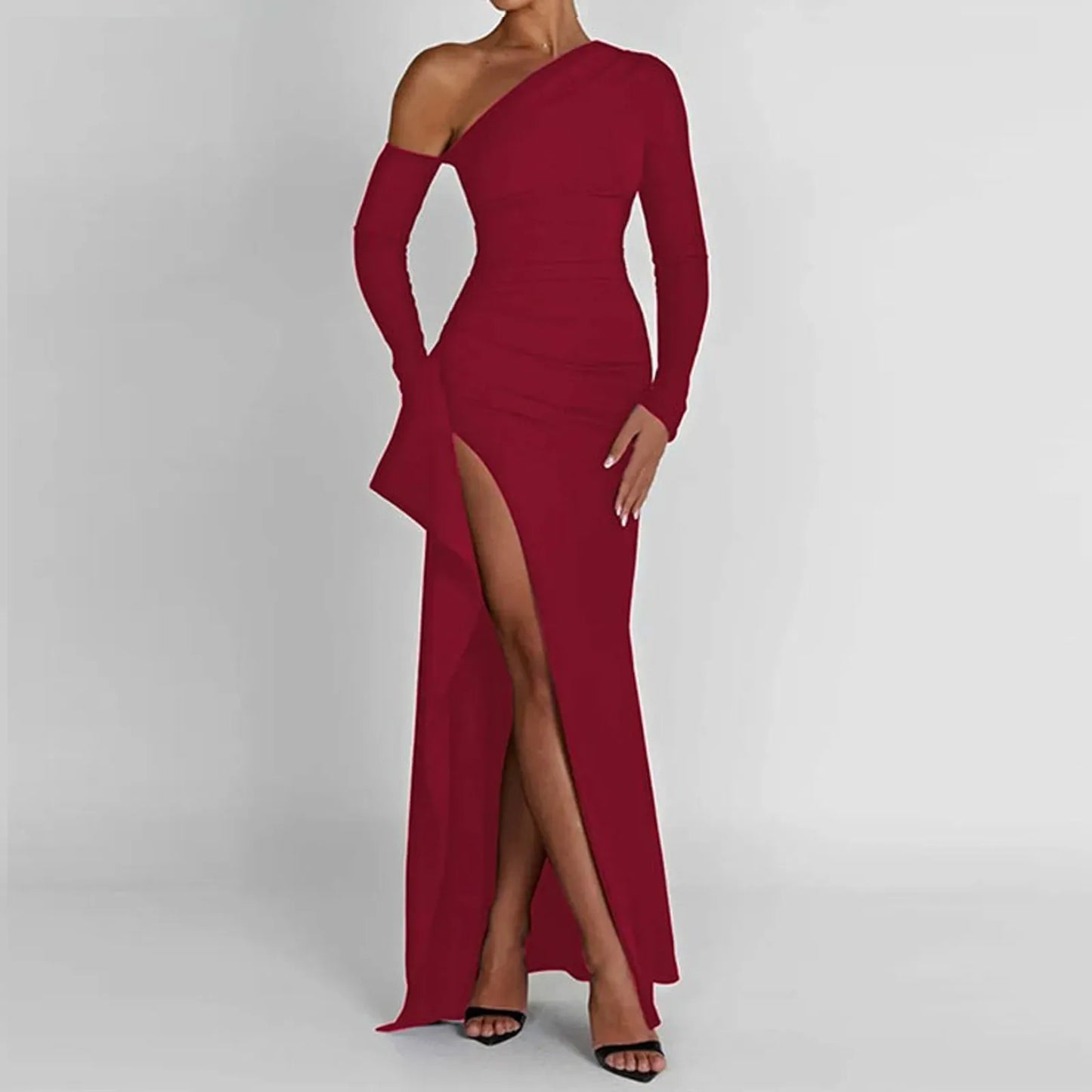 JuliaFashion - Sexy Oblique Shoulder Thigh High Split Maxi Long Sleeve Bodycon Irregular Split Long Party Evening Vestidos Dress