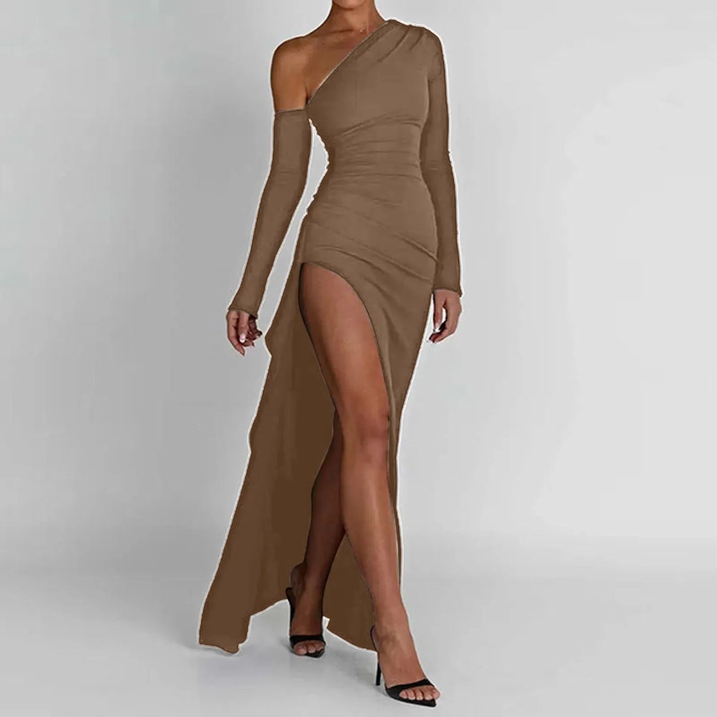 JuliaFashion - Sexy Oblique Shoulder Thigh High Split Maxi Long Sleeve Bodycon Irregular Split Long Party Evening Vestidos Dress