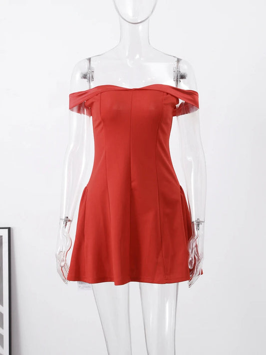 Red Christmas Party Dress - Off Shoulder Backless Pleated Zipper