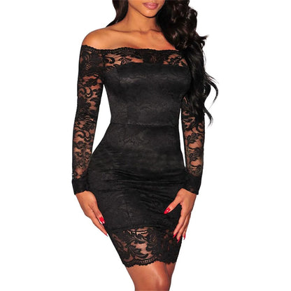 JuliaFashion - Sexy Off Shoulder Lace Party For Women Slim Fit Long Sleeve Mini Cocktail Vestidos Elegant Bodycon Robe Femme Dress