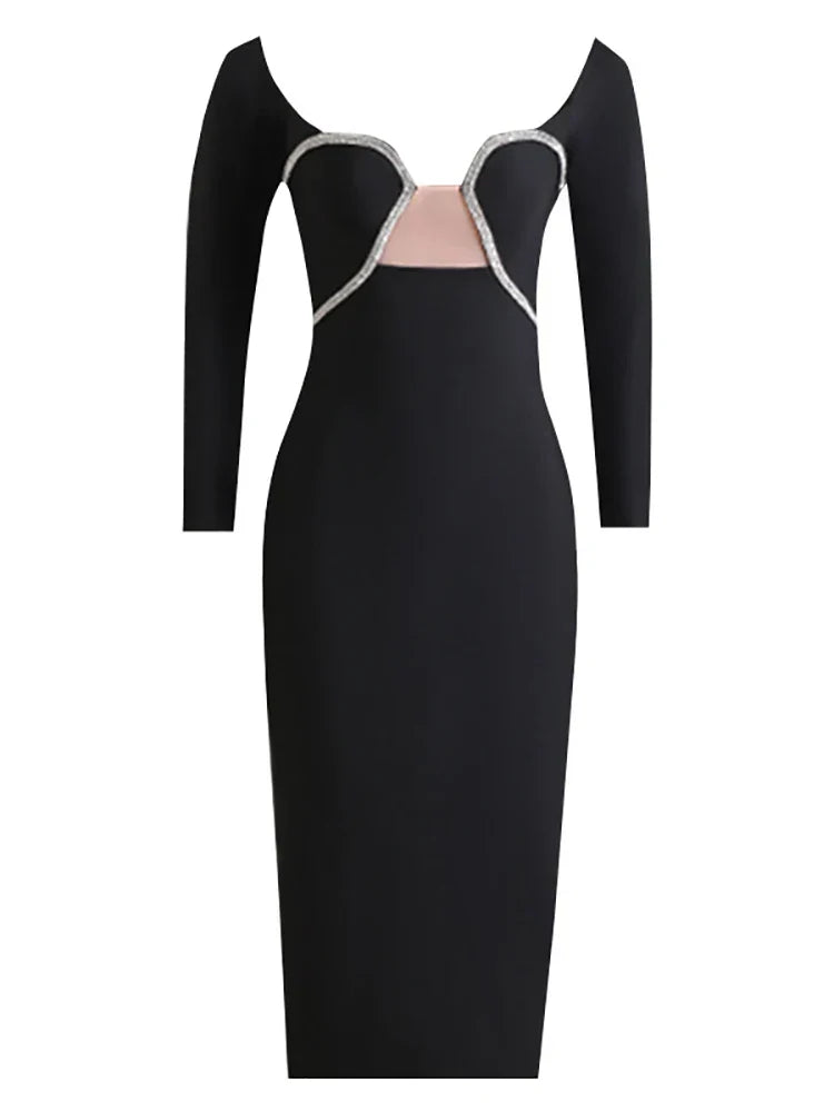 Sexy Off Shoulder Long Sleeve Diamonds Bandage Black Mesh Christmas Party Dress / Xs Dresses-L