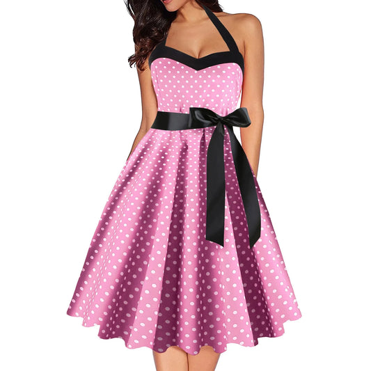 JuliaFashion - Sexy Retro Polka Dot For Women Audrey Hepburn Vintage Halter 50s 60s Gothic Pin Up Rockabilly Lace Up Robe Dress